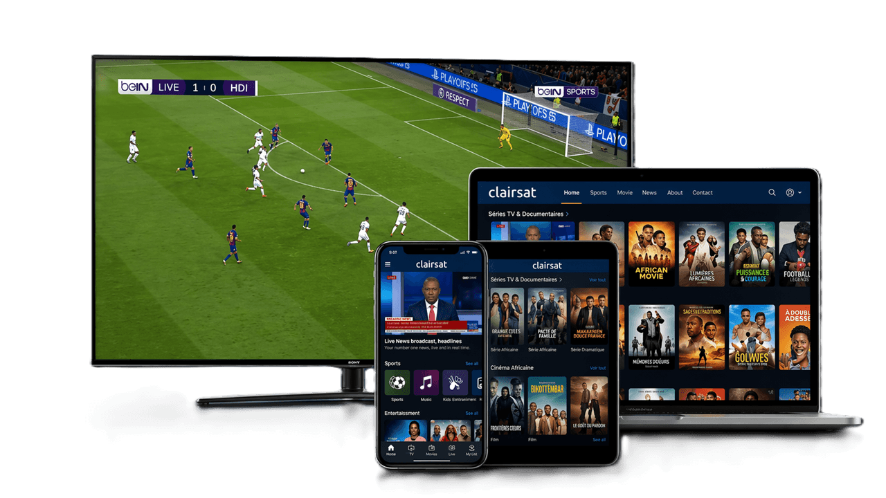 Télévision, tablette et smartphone affichant les services Clairsat