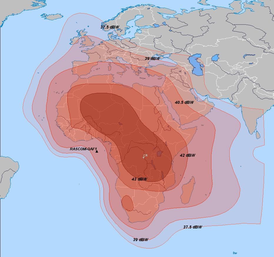 Carte de couverture satellite Clairsat montrant les contours du signal en dBW sur l'Afrique, l'Europe et le Moyen-Orient
